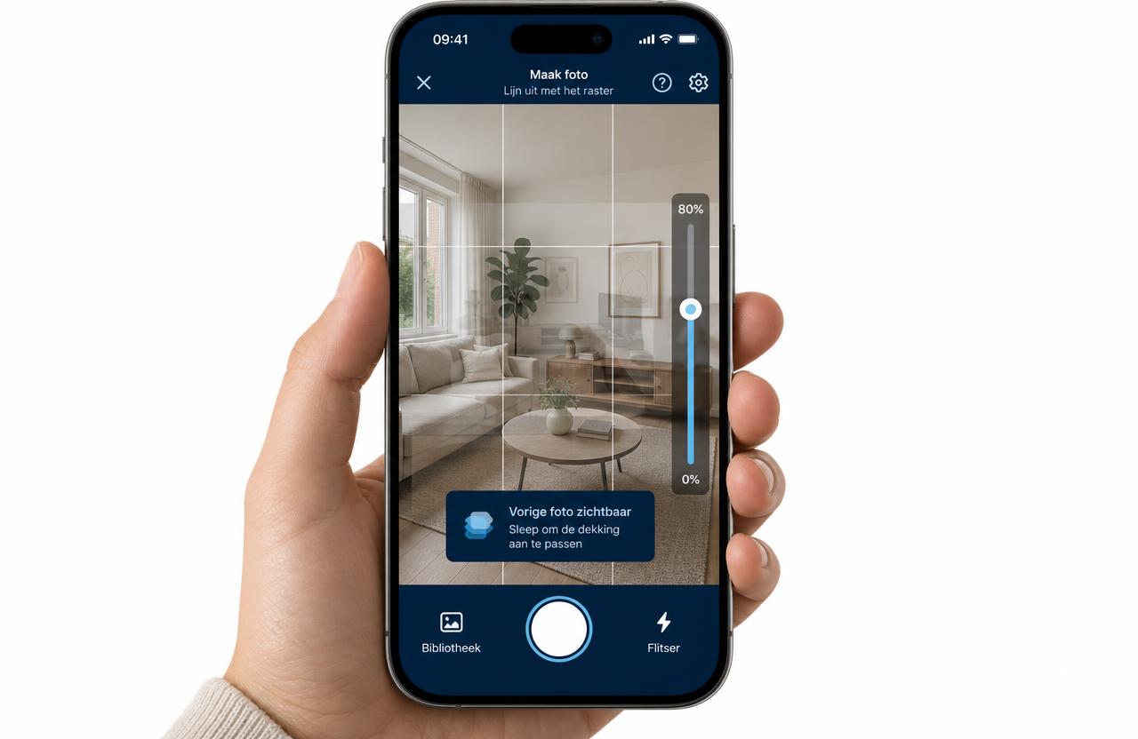 Smartphone met de in-app camera: hulpraster, opnameknop en een half doorschijnende intredefoto met dekkingsschuif.