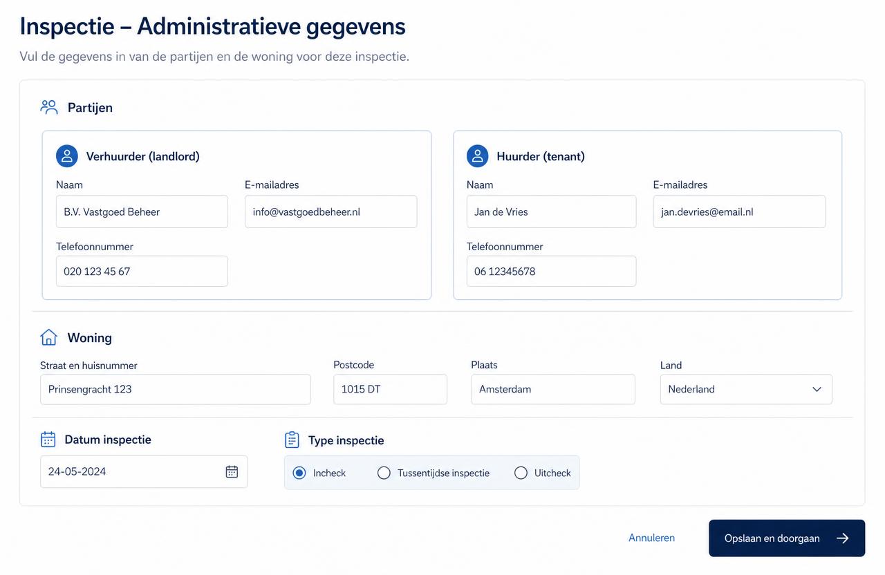 Formulier met partijen, pandadres, datum van vaststelling en type opname.