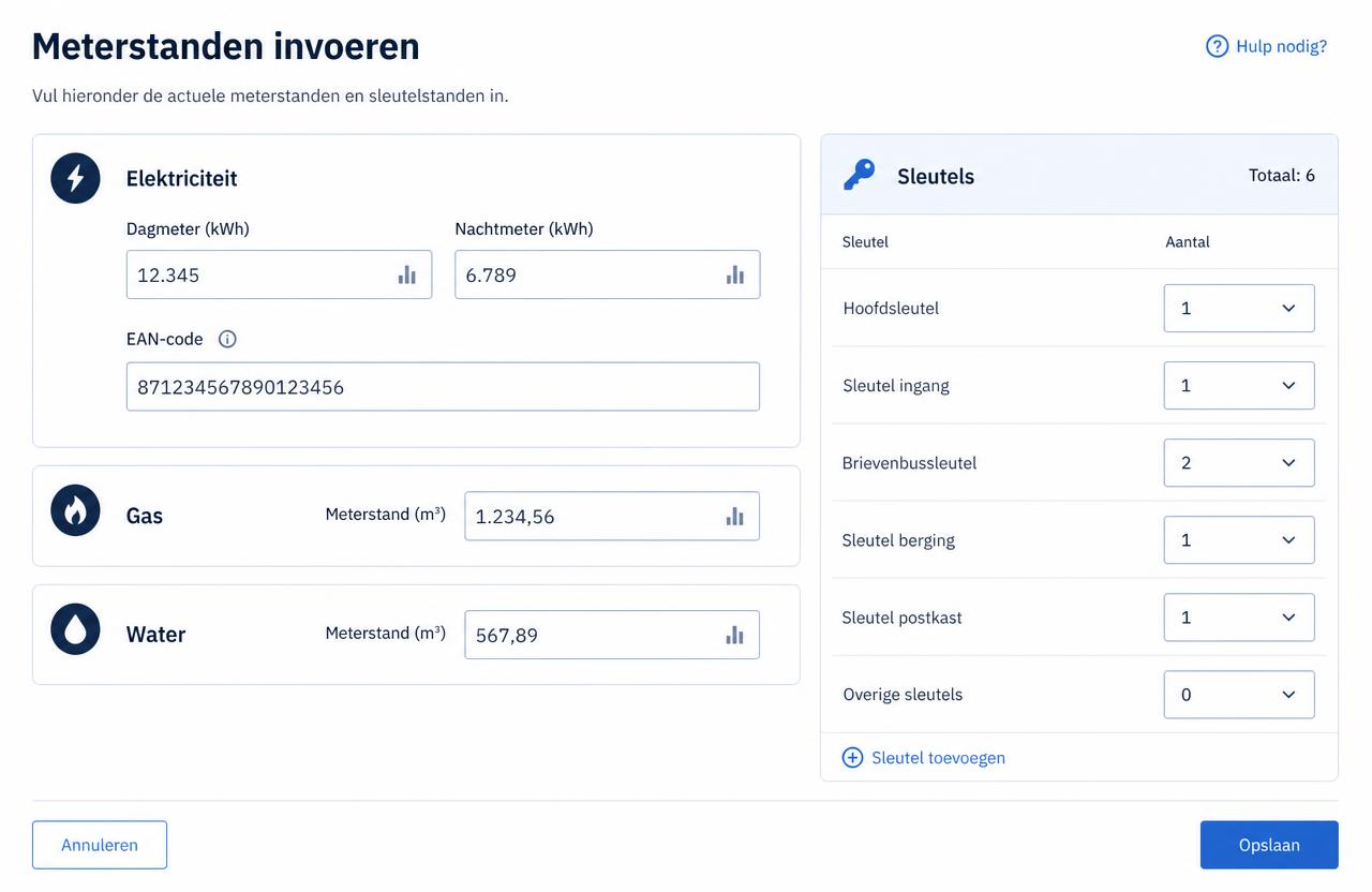 Invulscherm voor elektriciteits-, gas- en watermeters met EAN-code en een sleutellijst.