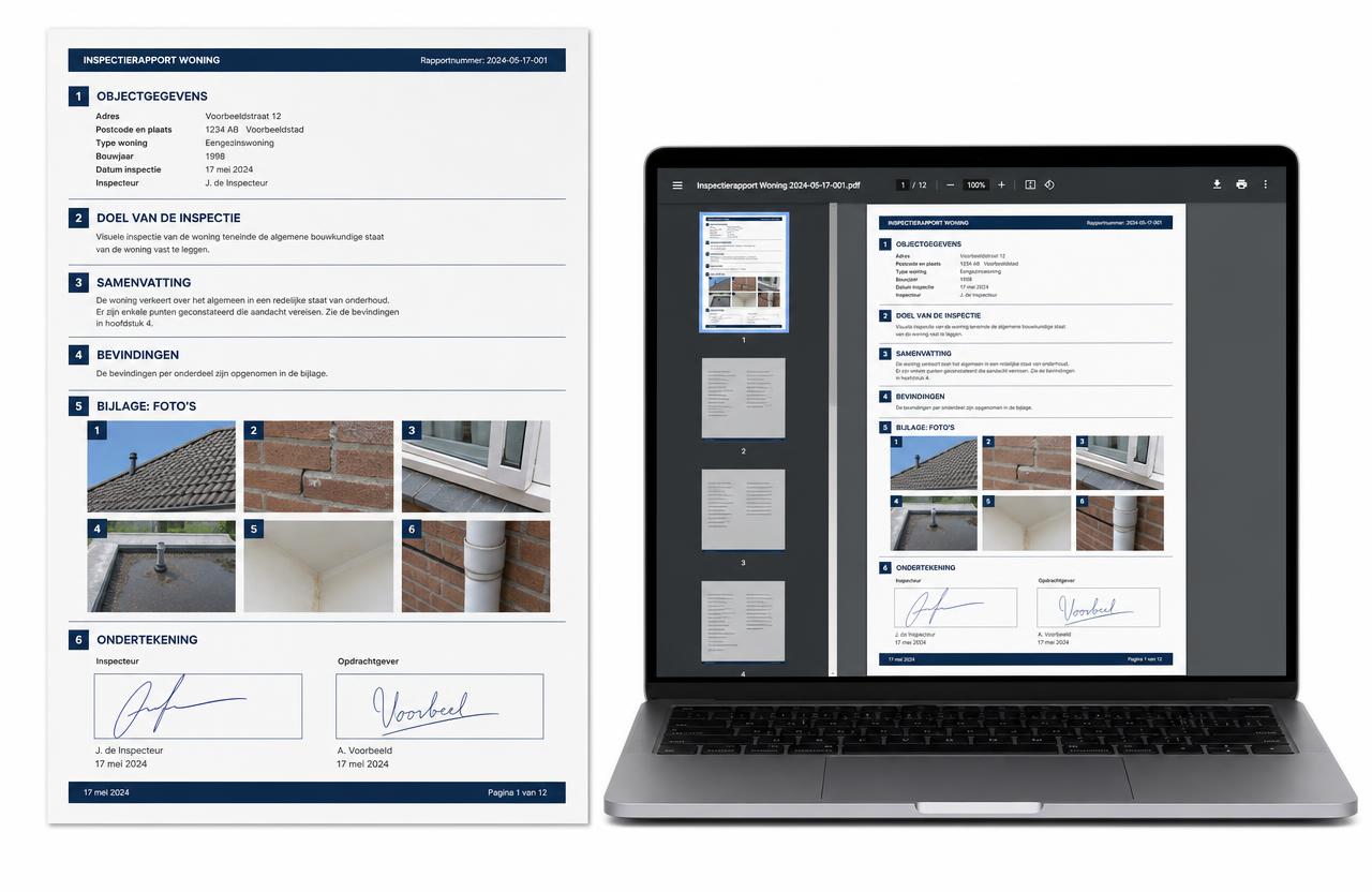 PDF-inspectierapport met genummerde secties, fotobijlage en twee handtekeningen, naast een laptop met de voorbeschouwing.